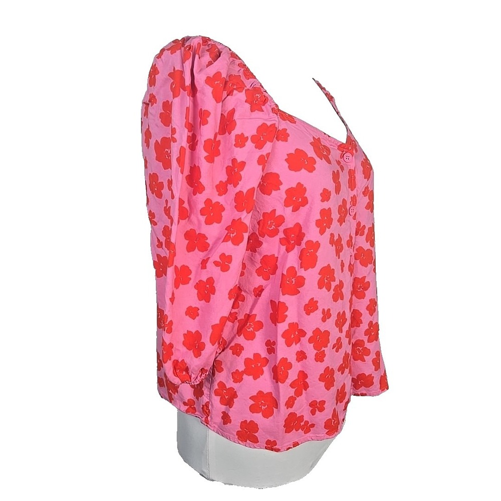 Sanctuary Pink Red Floral Crayon Poplin 3/4 Sleeve Button Front Crop Top Medium - Picture 3 of 7